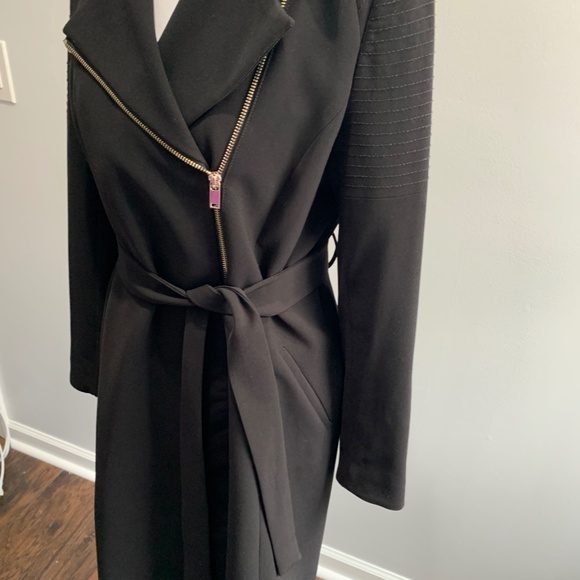H&M black zip belted long jacket coat Trench SZ 8 Med M overcoat sash tie Moto - Picture 7 of 16